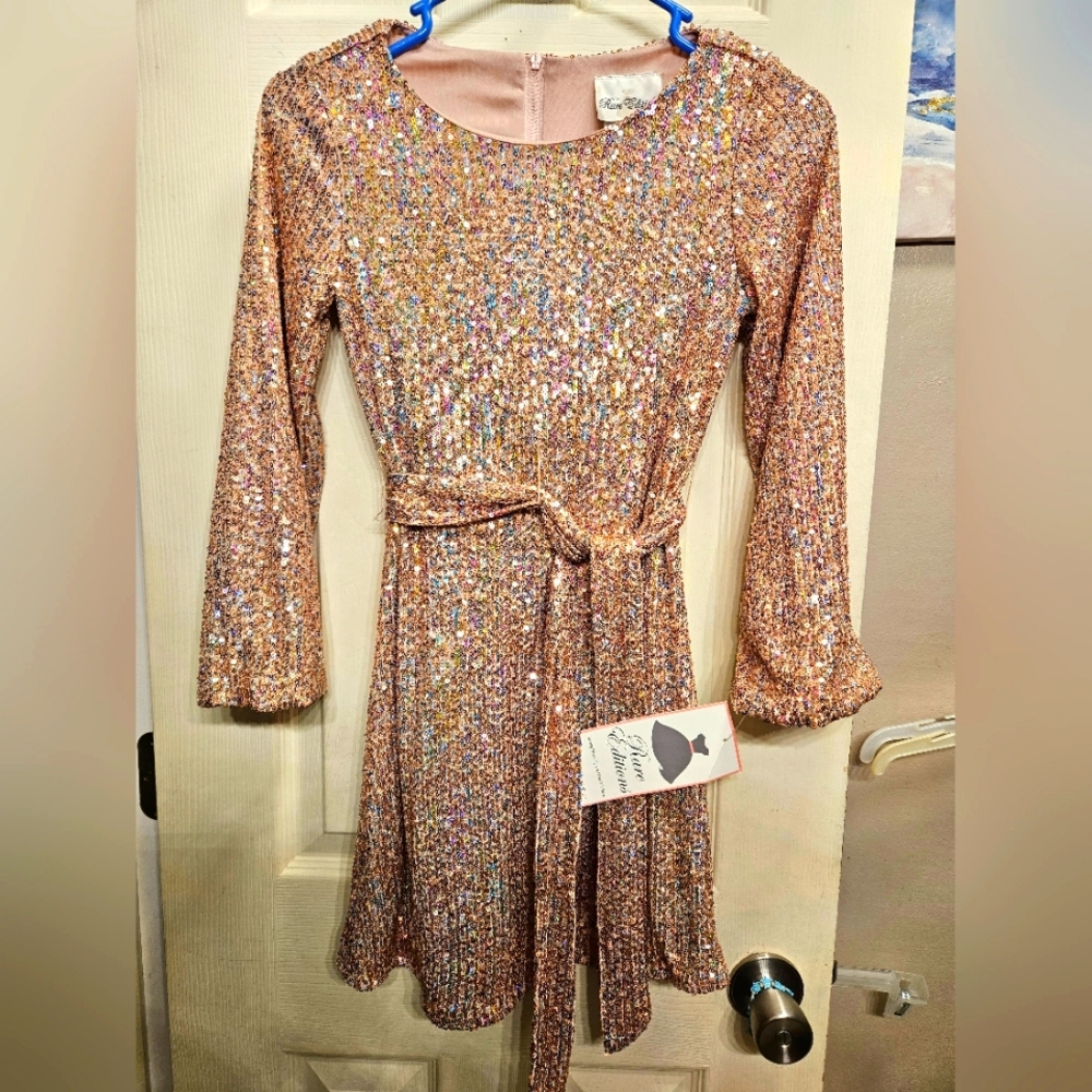 Rare Editions Pink rainbow sequin Long Sleeve Belted Dress Size 10